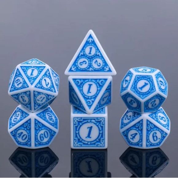 A 7 pcs Polyhedral dice set used for Dungeons and Dragons, MTG , RPG Games etc. The dice included are 1- D4,1- D6,1- D8,1- D10,1- D00,1- D12, and 1- D20