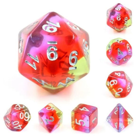 The perfect companion for your gaming needs! These HD acrylic dice are exactly what you've been searching for that upcoming game night with the group. This set includes one of each: d20, d12, d10, d10 (percentile), d8, d6, and a d4 (7 dice in total)