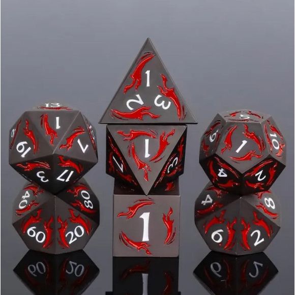 The perfect companion for your gaming needs! These premium die-cast polyhedral dice are exactly what you've been searching for that upcoming game night with the group. Each set weighs roughly 5 ounces and are stored in a quality, brushed metal tin with foam insert. These dice are engraved with crisp, easy-to-read numerals. Many styles and colors are available.

This set includes one of each: d20, d12, d10, d10 (percentile), d8, d6, and a d4 (7 dice in total). All inside a premium Dice Tin.