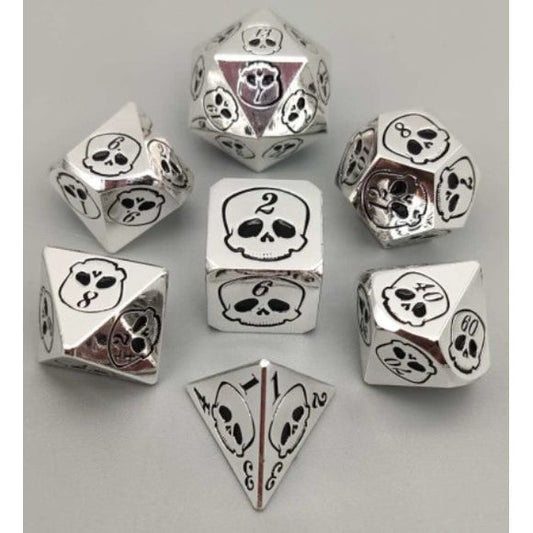 The perfect companion for your gaming needs! These premium die-cast polyhedral dice are exactly what you've been searching for that upcoming game night with the group. Stored in a quality, brushed metal tin with foam insert. These dice are a rich metal with nice weight to them and engraved each with crisp, easy-to-read numerals. Many styles and colors are available.

This set includes one of each: d20, d12, d10, d10 (percentile), d8, d6, and a d4 (7 dice in total). All inside the Galactic Toys Dice Tin.