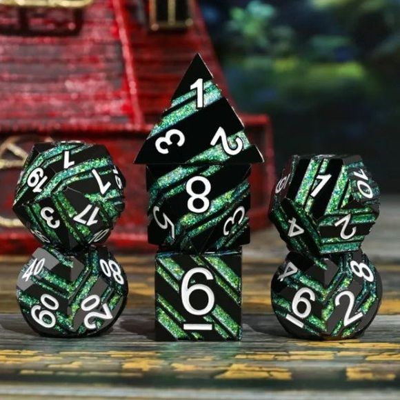 Galactic Dice Premium Dice Sets - Green & Black Stripe Set of 7 Dice with Tin | Galactic Toys & Collectibles