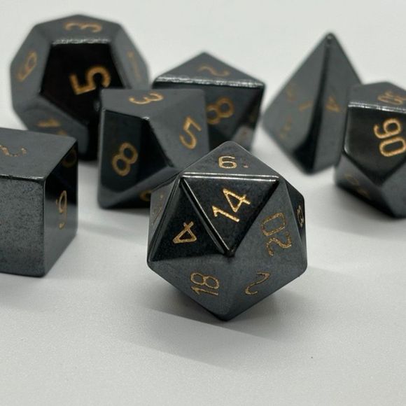 Galactic Dice Premium Dice Sets - Hematite with Gold Numbers Set of 7 Stone Dice with Tin | Galactic Toys & Collectibles
