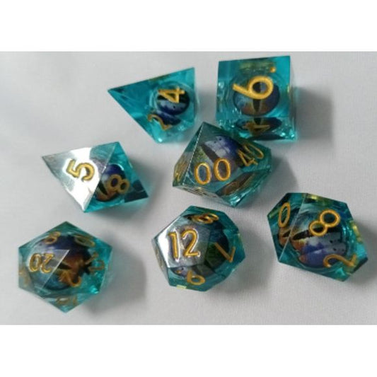 The perfect companion for your gaming needs! These premium, high-end resin are exactly what you've been searching for that upcoming game night with the group. These dice are quality resin with nice weight to them and engraved each with crisp, easy-to-read numerals. Many styles and colors are available.

This set includes one of each: d20, d12, d10, d10 (percentile), d8, d6, and a d4 (7 dice in total)! 

WARNING: These dice are extra sharp! Use with caution