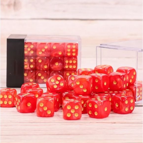 36 individual D6 dice in a container. Each die measures 12mm