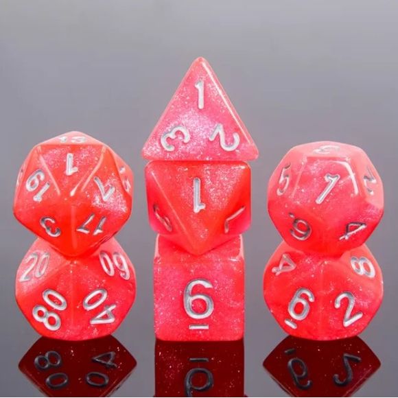 A 7 pcs Polyhedral dice set used for Dungeons and Dragons, MTG , RPG Games etc. The dice included are 1- D4,1- D6,1- D8,1- D10,1- D00,1- D12, and 1- D20