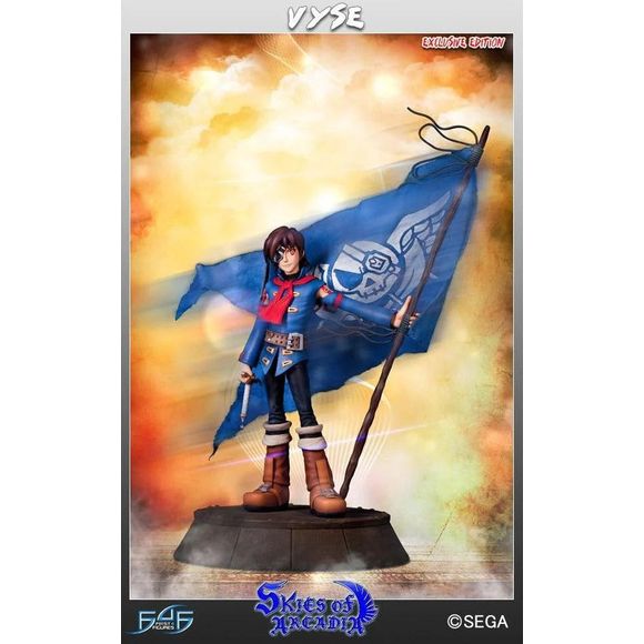 This statue has no edition number, and was a replacement and is in NEW and unopened condition. 

First 4 Figures is excited to showcase Vyse, leader of the Blue Rogues in SEGA's classic hit "Skies of Arcadia".

Vyse is styled is his striking Blue Rogues jacket and leather boots, complete with a flag bearing their insignia. The flag is made from high quality cloth to give it an authentic, tattered appearance, while Vyse himself is cast in polystone with remarkable attention to detail in a hand-painted finish