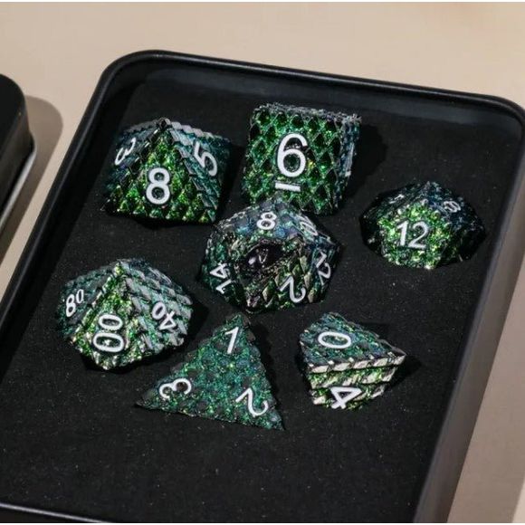 Galactic Dice Premium Dice Sets - Phophet Green Dragon Set of 7 Dice with Tin | Galactic Toys & Collectibles