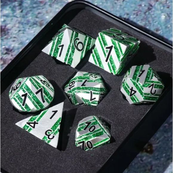 Galactic Dice Premium Dice Sets - Silver & Green Stripes Set of 7 Dice with Tin | Galactic Toys & Collectibles
