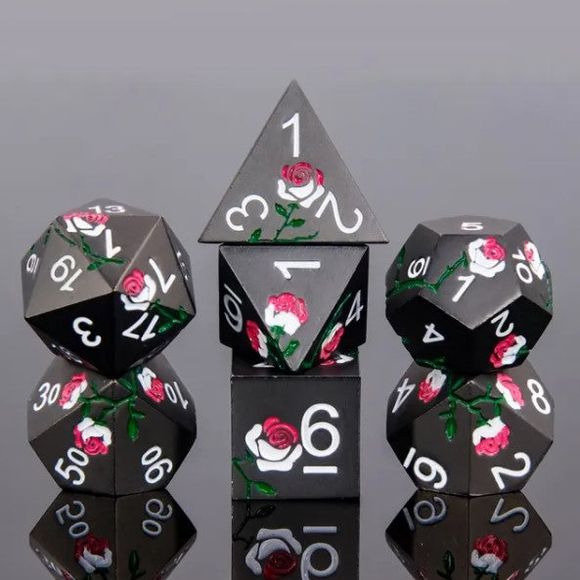 The perfect companion for your gaming needs! These premium die-cast polyhedral dice are exactly what you've been searching for that upcoming game night with the group. Each set weighs roughly 5 ounces and are stored in a quality, brushed metal tin with foam insert. These dice are engraved with crisp, easy-to-read numerals. Many styles and colors are available.

This set includes one of each: d20, d12, d10, d10 (percentile), d8, d6, and a d4 (7 dice in total). All inside a premium Dice Tin.