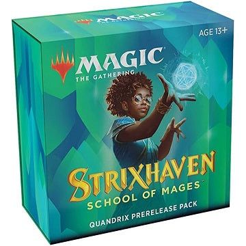 Contains: 
• 5 Strixhaven: School of Mages Draft Boosters
• 1 Strixhaven: School of Mages College Booster (R/M slot is from the Prerelease Pack's college)
• 1 foil promo-stamped R/M card from Strixhaven: School of Mages
• 1 MTG Arena code card
• 1 Spindown life counter
