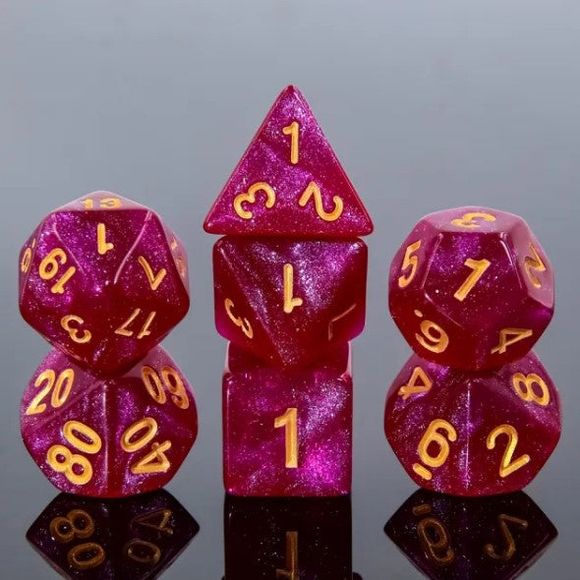 A 7 pcs Polyhedral dice set used for Dungeons and Dragons, MTG , RPG Games etc. The dice included are 1- D4,1- D6,1- D8,1- D10,1- D00,1- D12, and 1- D20