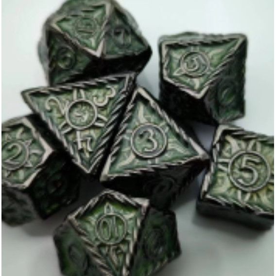 The perfect companion for your gaming needs! These premium die-cast polyhedral dice are exactly what you've been searching for that upcoming game night with the group. Stored in a quality, brushed metal tin with foam insert. These dice are a rich metal with nice weight to them and engraved each with crisp, easy-to-read numerals. Many styles and colors are available.

This set includes one of each: d20, d12, d10, d10 (percentile), d8, d6, and a d4 (7 dice in total). All inside the Galactic Toys Dice Tin.