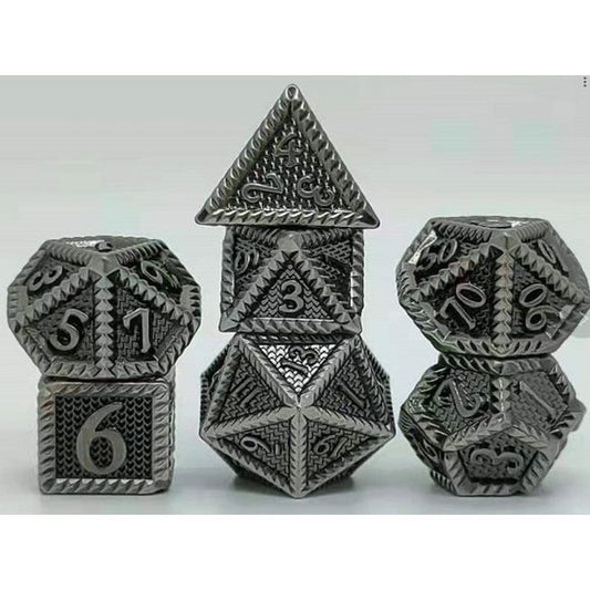 The perfect companion for your gaming needs! These premium die-cast polyhedral dice are exactly what you've been searching for that upcoming game night with the group. Stored in a quality, brushed metal tin with foam insert. These dice are a rich metal with nice weight to them and engraved each with crisp, easy-to-read numerals. Many styles and colors are available.

This set includes one of each: d20, d12, d10, d10 (percentile), d8, d6, and a d4 (7 dice in total). All inside the Galactic Toys Dice Tin.