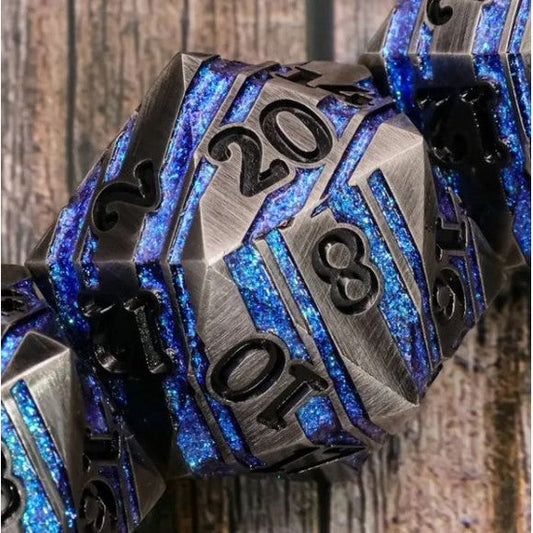 Galactic Dice Premium Dice D20 Titan - Myth of Sky Blue & Black Silver Metal