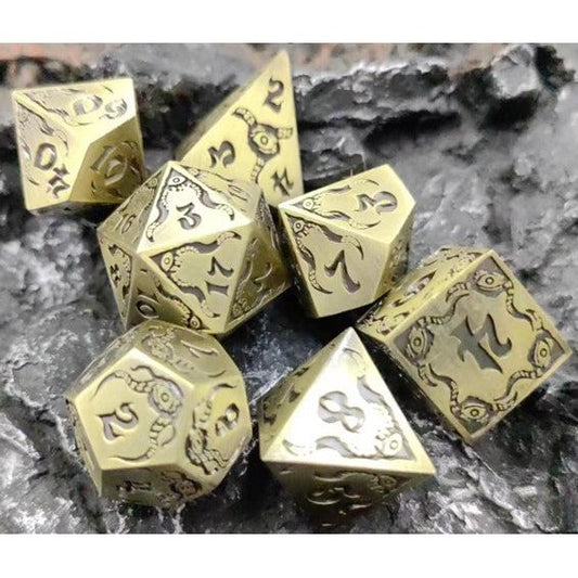 The perfect companion for your gaming needs! These premium die-cast polyhedral dice are exactly what you've been searching for that upcoming game night with the group. Stored in a quality, brushed metal tin with foam insert. These dice are a rich metal with nice weight to them and engraved each with crisp, easy-to-read numerals. Many styles and colors are available.

This set includes one of each: d20, d12, d10, d10 (percentile), d8, d6, and a d4 (7 dice in total). All inside the Galactic Toys Dice Tin.