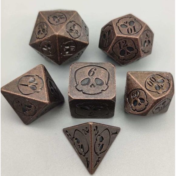 The perfect companion for your gaming needs! These premium die-cast polyhedral dice are exactly what you've been searching for that upcoming game night with the group. Stored in a quality, brushed metal tin with foam insert. These dice are a rich metal with nice weight to them and engraved each with crisp, easy-to-read numerals. Many styles and colors are available.

This set includes one of each: d20, d12, d10, d10 (percentile), d8, d6, and a d4 (7 dice in total). All inside the Galactic Toys Dice Tin.