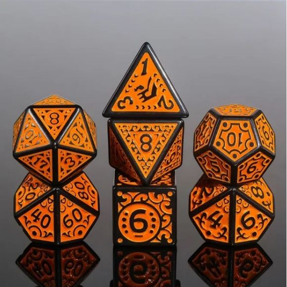 A 7 pcs Polyhedral dice set used for Dungeons and Dragons, MTG , RPG Games etc. The dice included are 1- D4,1- D6,1- D8,1- D10,1- D00,1- D12, and 1- D20