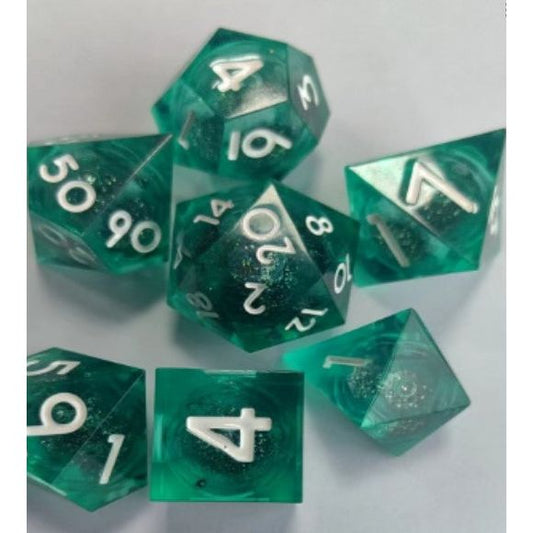 The perfect companion for your gaming needs! These premium, high-end resin are exactly what you've been searching for that upcoming game night with the group. These dice are quality resin with nice weight to them and engraved each with crisp, easy-to-read numerals. Many styles and colors are available.

This set includes one of each: d20, d12, d10, d10 (percentile), d8, d6, and a d4 (7 dice in total)! 

WARNING: These dice are extra sharp! Use with caution