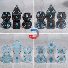 The perfect companion for your gaming needs! These HD acrylic dice are exactly what you've been searching for that upcoming game night with the group. This set changes colors in different temperatures and includes one of each: d20, d12, d10, d10 (percentile), d8, d6, and a d4 (7 dice in total)