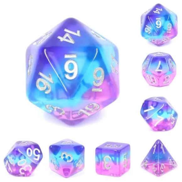 The perfect companion for your gaming needs! These HD acrylic dice are exactly what you've been searching for that upcoming game night with the group. This set includes one of each: d20, d12, d10, d10 (percentile), d8, d6, and a d4 (7 dice in total)