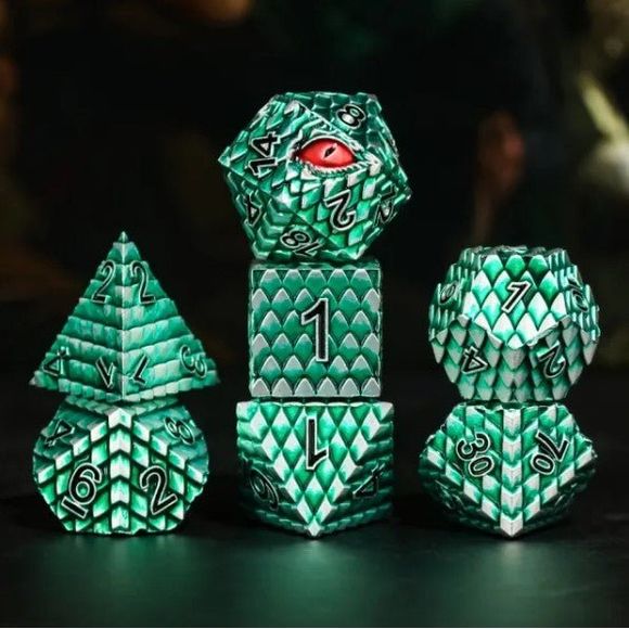 Galactic Dice Premium Dice Sets - Silver & Green Dragon Set of 7 Dice with Tin | Galactic Toys & Collectibles