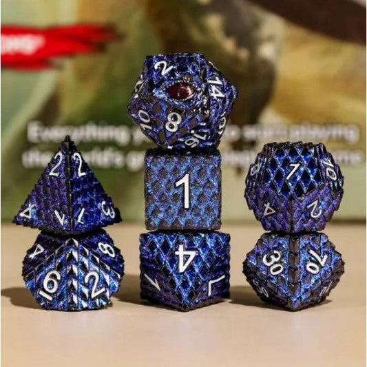 The perfect companion for your gaming needs! These premium die-cast polyhedral dice are exactly what you've been searching for that upcoming game night with the group. Each set weighs roughly 5 ounces and are stored in a quality, brushed metal tin with foam insert. These dice are engraved with crisp, easy-to-read numerals. Many styles and colors are available.

This set includes one of each: d20, d12, d10, d10 (percentile), d8, d6, and a d4 (7 dice in total). All inside a premium Dice Tin.