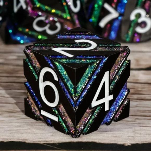 Galactic Dice Premium Dice Sets - Black Rainbow Stripe Set of 7 Dice with Tin | Galactic Toys & Collectibles