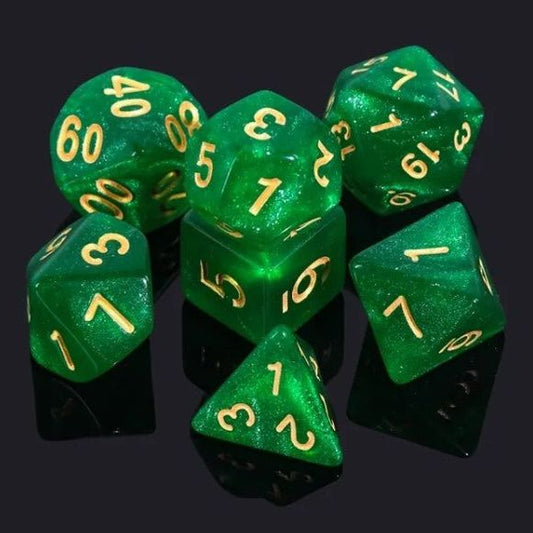 Galactic Dice Acrylic HD Dice Sets - Emerald Flow (Green & Yellow) Set of 7 Dice | Galactic Toys & Collectibles