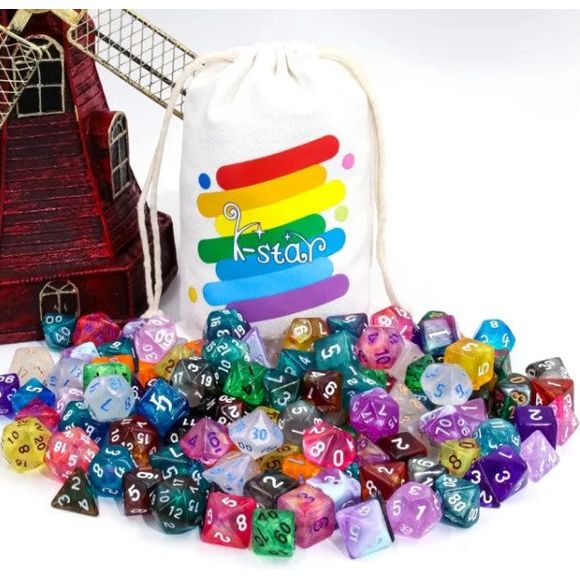 Each bag contains 10 separate sets of dice (7 in a single set) from a pool of 79 possible different aurora dice sets. Who knows what you'll get!