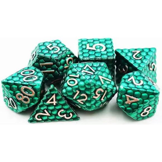 The perfect companion for your gaming needs! These premium die-cast polyhedral dice are exactly what you've been searching for that upcoming game night with the group. Stored in a quality, brushed metal tin with foam insert. These dice are a rich metal with nice weight to them and engraved each with crisp, easy-to-read numerals. Many styles and colors are available.

This set includes one of each: d20, d12, d10, d10 (percentile), d8, d6, and a d4 (7 dice in total). All inside the Galactic Toys Dice Tin.