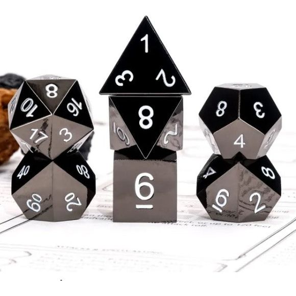 Galactic Dice Premium Metal Dice Sets - Black Metal & White Set of 7 Dice with Tin | Galactic Toys & Collectibles