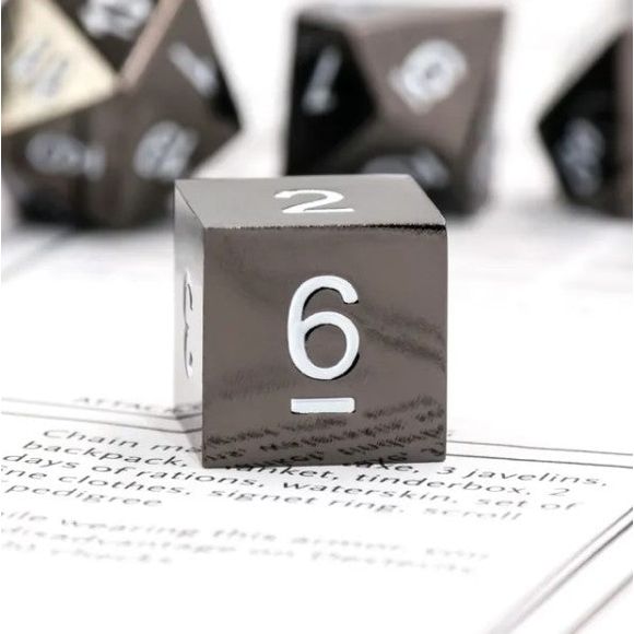 Galactic Dice Premium Metal Dice Sets - Black Metal & White Set of 7 Dice with Tin | Galactic Toys & Collectibles