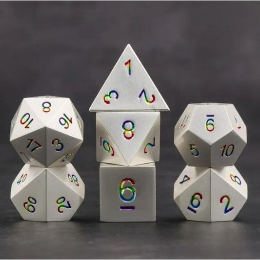 Galactic Dice Premium Dice Sets - Silver & Rainbow Font Set of 7 Dice with Tin | Galactic Toys & Collectibles