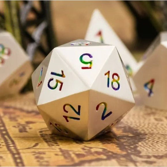 Galactic Dice Premium Dice Sets - Silver & Rainbow Font Set of 7 Dice with Tin | Galactic Toys & Collectibles