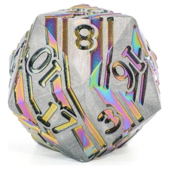 The perfect companion for your gaming needs! These premium die-cast polyhedral dice are exactly what you've been searching for that upcoming game night with the group. These dice are engraved with crisp, easy-to-read numerals. This particular D20 glitters with galaxy-like metal.