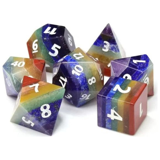 Galactic Dice Premium Dice Sets - Manual Rainbow Set of 7 Stone Dice with Tin