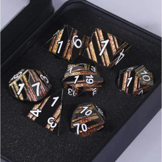 Galactic Dice Premium Dice Sets - Honeycomb (Black & Gold Stripe) Set of 7 Metal Dice with Tin