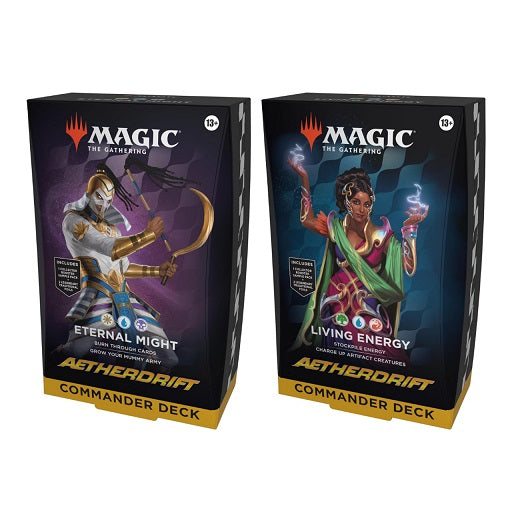 Release Date: 02/14/2025
This bundle includes 1 of each Aetherdrift Commander Deck, with 1 Living Energy decks and 1 Eternal Might decks. Each includes 1 deck of 100 Magic cards (98 nonfoil cards and 2 Traditional Foil Borderless Legendary cards), a 2-card Collector Booster Sample Pack (contains 1 Traditional Foil or nonfoil alt-border card of rarity Rare or higher and 1 Traditional Foil Uncommon card), 10 double-sided tokens, 1 deck box (can hold 100 sleeved cards), 1 strategy insert, and 1 reference card.