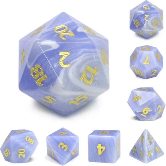 The perfect companion for your gaming needs! Made of resin and quartz sand to create artificial stone. These premium dice are exactly what you've been searching for that upcoming game night with the group. 

This set includes on of each: d20, d12, d10, d10 (percentile), d8, d6, and a d4 (7 dice in total). All inside the Galactic Toys Dice Tin.