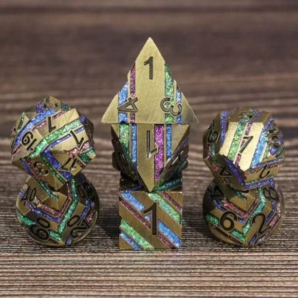Galactic Dice Premium Dice Sets - Gold Rainbow Stripe Set of 7 Dice with Tin | Galactic Toys & Collectibles