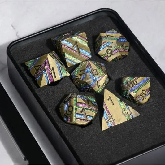 Galactic Dice Premium Dice Sets - Gold Rainbow Stripe Set of 7 Dice with Tin | Galactic Toys & Collectibles