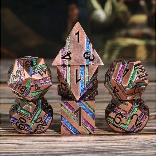 Galactic Dice Premium Dice Sets - Meteor Flashes Copper Rainbow Stripe Set of 7 Dice with Tin | Galactic Toys & Collectibles