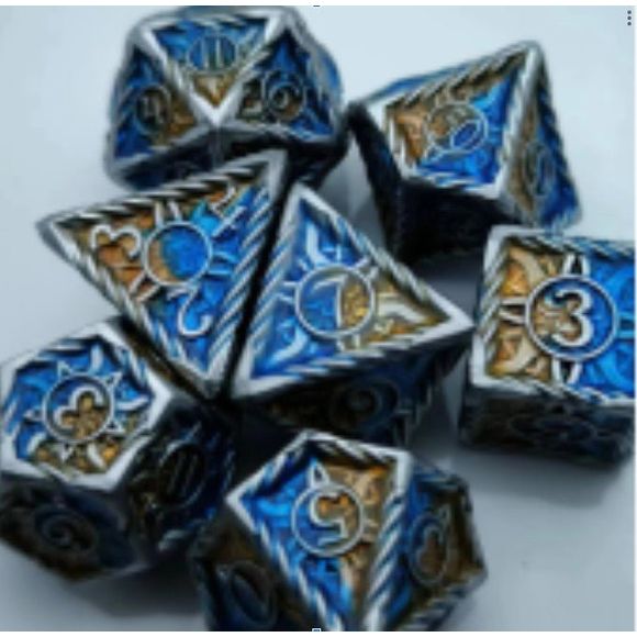 Galactic Dice Premium Dice Sets - Blue & Metallic Gold Sun Set of 7 Dice with Tin | Galactic Toys & Collectibles