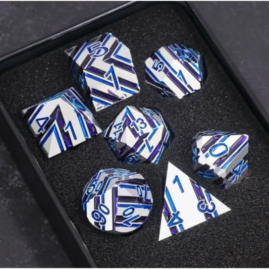 Galactic Dice Premium Dice Sets - The Comet (Silver & Blue) Set of 7 Metal Dice with Tin