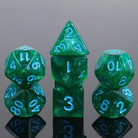 A 7 pcs Polyhedral dice set used for Dungeons and Dragons, MTG , RPG Games etc. The dice included are 1- D4,1- D6,1- D8,1- D10,1- D00,1- D12, and 1- D20