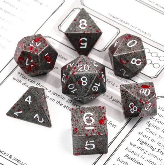 Galactic Dice Premium Metal Dice Sets - Splatter & White Font Set of 7 Dice with Tin | Galactic Toys & Collectibles