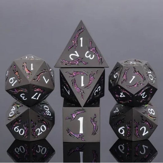 The perfect companion for your gaming needs! These premium die-cast polyhedral dice are exactly what you've been searching for that upcoming game night with the group. Each set weighs roughly 5 ounces and are stored in a quality, brushed metal tin with foam insert. These dice are engraved with crisp, easy-to-read numerals. Many styles and colors are available.

This set includes one of each: d20, d12, d10, d10 (percentile), d8, d6, and a d4 (7 dice in total). All inside a premium Dice Tin.