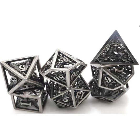 The perfect companion for your gaming needs! These premium dice are exactly what you've been searching for that upcoming game night with the group. Stored in a quality, brushed metal tin with foam insert. These dice are engraved with crisp, easy-to-read numerals. Many styles and colors are available.

This set includes on of each: d20, d12, d10, d10 (percentile), d8, d6, and a d4 (7 dice in total). All inside the Galactic Toys Dice Tin.