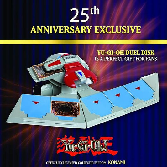 Duel like the King of Games with the 25th Anniversary Duel Disk strapped to your arm. Wear it with honor as you battle to defeat Seto Kaiba and Blue Eyes White Dragon in this Legendary card game. Just like the Disc Yugi wears in the arenas of the Duelist Kingdom, it can be worn in standby or battle mode. Simply press a button on the bottom of the unit and the two surfaces come together for the Duel Monster's Tournament! Duel Disk features a deck holder, card slots for play, arm band and cuff, lights, life p
