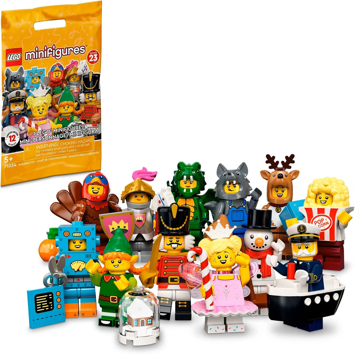 Delight a child or Minifigures fan with these LEGO Minifigures Series 23 (71034) blind bags for ages 5+. This unique series features a great line-up of fun characters to collect and display or to take independent or group play in unexpected new directions.
Children and adult fans get to say “Hi!” to a limited-edition range of imaginative characters, including Nutcracker, Sugar Fairy, Green Dragon Costume, Snowman, Reindeer Costume, Christmas Elf, Turkey Costume, Cardboard Robot, Popcorn Costume, Wolf Costum